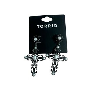 torrid Black Cross Drop Earrings with Pearl-Accent Stones